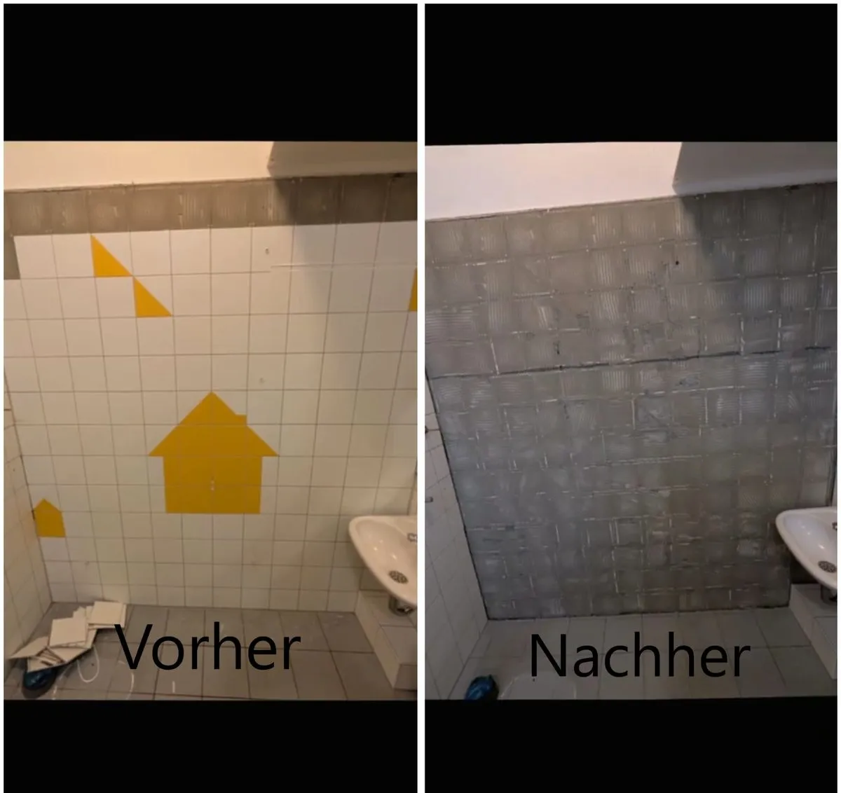 Badsanierung – Fliesen entfernt, Untergrund freigelegt (Vorher/Nachher)