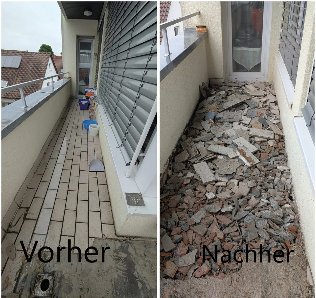Balkon – Alte Bodenfliesen gestemmt, Abdichtung vorbereitet (Vorher/Nachher)